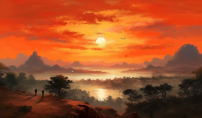 橙色天空落日晚霞飞鸟森林湖泊高出眺望的两个人,插画/手绘图,插画/手绘图库,插画/手绘图下载,插画/手绘